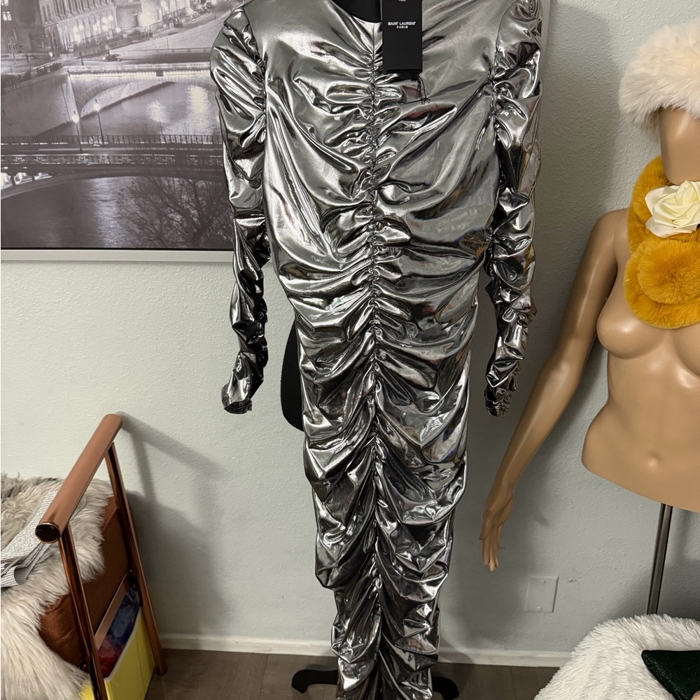 Saint Laurent Metallic Silver Ruched Jumpsuit - Picture 2 of 3